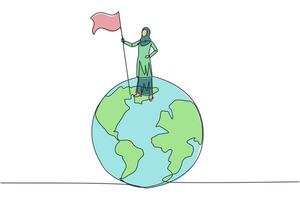 solteiro 1 linha desenhando do bem sucedido árabe empresária em pé em gigante globo segurando bandeira. empresária a comemorar vitória. metáfora do conquistando a mundo. contínuo linha Projeto gráfico vetor