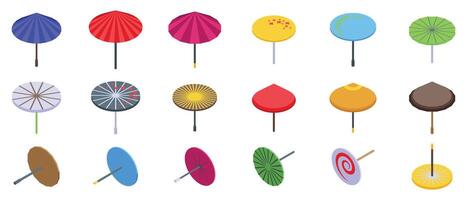 japonês guarda-chuva ícones conjunto isométrico . ásia sombrinha vetor