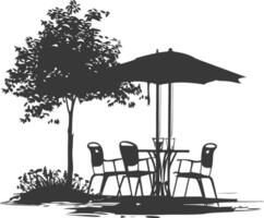 silhueta cafeteria frente Jardim com guarda-chuvas dentro a cidade Preto cor só vetor