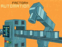robótico industrial fábrica linha retro poster vetor