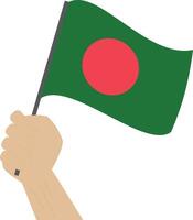 mão segurando e levantando a nacional bandeira do Bangladesh vetor
