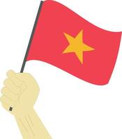 mão segurando e levantando a nacional bandeira do Vietnã vetor