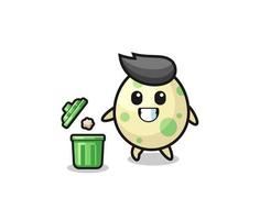 ilustração do ovo manchado jogando lixo na lata de lixo vetor