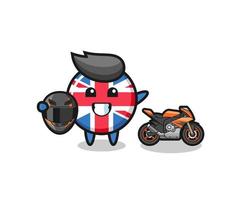 Desenho bonito da bandeira do Reino Unido como piloto de moto vetor