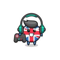 Mascote do jogador da bandeira do Reino Unido segurando um controle de jogo vetor