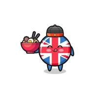 bandeira do Reino Unido como mascote do chef chinês segurando uma tigela de macarrão vetor
