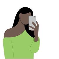 retrato do uma Preto menina com uma telefone dentro dela mão, selfie, isolar em branco, sem rosto ilustração, plano, feito à mão vetor