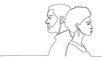 africano homem e mulher perfil, 1 linha contínuo. africano pessoas linha arte. mão desenhado arte. vetor