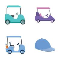 golfe ícones conjunto desenho animado . golfe transporte e equipamento vetor