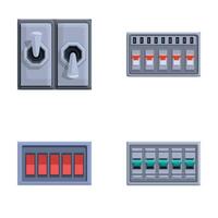 disjuntor interruptor ícones conjunto desenho animado . elétrico disjuntor caixa de distribuição vetor