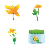 celandine produtos ícones conjunto desenho animado . celandine flor e cosméticos vetor