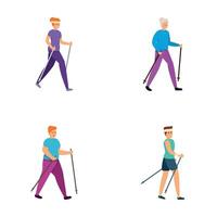 raça caminhando ícones conjunto desenho animado . pessoas fazendo nórdico caminhando vetor