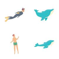 natação ícones conjunto desenho animado . ativo pessoas nadar com golfinho vetor