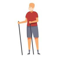 Senior homem com caminhando Gravetos ícone desenho animado . nórdico andar vetor