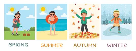 feliz crianças diferente Atividades dentro quatro temporadas primavera, verão, outono, inverno vetor