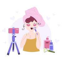 beleza blogging conceito. gravação Maquiagem tutorial e cosméticos análise. desenho animado plano ilustração. vetor