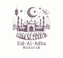 ilustração do eid al-adha cumprimento cartão com pessoas e mesquita vetor