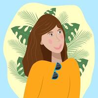 verão menina personagem, em uma fundo do tropical plantas, plano ilustração vetor