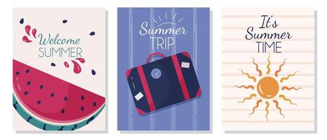 verão poster modelos conjunto com uma mala, melancia, e Sol. ilustração conjunto dentro verão estilo é Maravilhoso para cartazes, bandeiras, e modelos. vetor