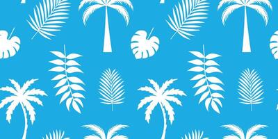 desatado padronizar com tropical folhas, Palma árvore. ilustração. azul fundo. vetor