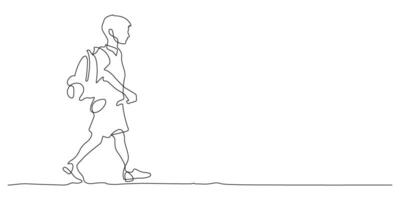 contínuo linha desenhando do escola Garoto caminhando em a caminho do Educação conceito fino linha ilustração vetor