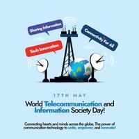 mundo telecomunicação e em formação sociedade dia 2024. mundo telecomunicação dia celebração bandeira com telecom torre, satélites, terra globo. digital inovação para sustentável desenvolvimento. vetor