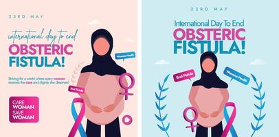 internacional dia para fim obstétrico fístula bandeiras, publicar. 23º pode internacional dia para fim obstétrico fístula bandeiras, postar modelo com uma grávida muçulmano mulher, mulheres símbolo com rosa, azul tema. vetor