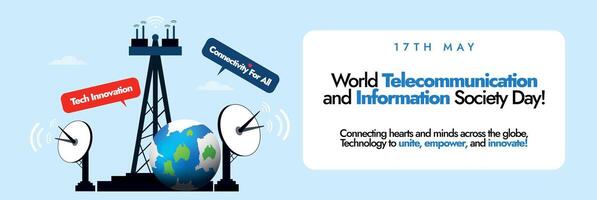 mundo telecomunicação e em formação sociedade dia 2024. mundo telecomunicação dia celebração bandeira com telecom torre, satélites, terra globo. digital inovação para sustentável desenvolvimento. vetor