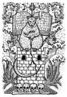 rato símbolo. assustador rato sentado em torre com livro e místico sinais vetor