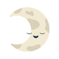 kawaii lua crescente. fofa personagem para criança. sorridente branco parcial lua com pontos dorme. lunar crescente. noite luminar. isolado. neutro cores. plano estilo. ilustração. vetor