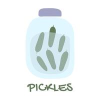 picles. enlatar pequeno pepinos dentro uma vidro jar. marinado. salgado. cozinhando casa enlatado legumes. caseiro. natural vegano Comida. rabisco estilo. preparação. cor imagem. ilustração. vetor