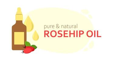 Cosmético garrafa Rosa Mosqueta óleo. jarra com pipeta, gotas do essencial orgânico óleo. rosa-cachorro fruta. alternativo remédio produtos. marketing modelo. cartão, bandeira, folheto. plano estilo. ilustração vetor