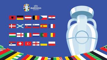 euro 2024 Alemanha bandeiras emblemas com troféu Projeto símbolo oficial logotipo europeu futebol final ilustração vetor