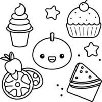 kawaii coloração livro ilustração. Comida coloração Páginas. vetor