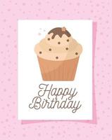 cartão cupcake com letras de feliz aniversário em um fundo rosa vetor