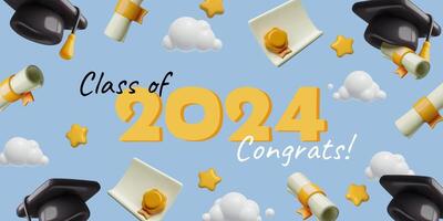 classe do 2024 Parabéns 3d graduação bandeira com vôo desenho animado chapéus estrelas e diplomas vetor