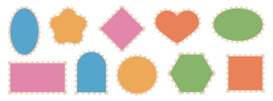 postagem selos colorida geométrico formas com ondulado perfurado borda. conjunto do etiquetas em branco fundo. vetor