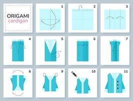 suéter origami esquema tutorial comovente modelo. origami vestuário para crianças. degrau de degrau quão para faço papel casaco. ilustração. vetor