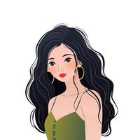 lindo jovem mulher com grandes Preto cabelo. ilustração para imprimir, poster, cobrir, cumprimento cartão. isolado moderno arte em branco fundo. fechar-se fêmea retrato. vetor