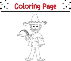 feliz chefe de cozinha com tacos coloração livro página para adultos e crianças vetor