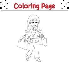 feliz menina carregando compras bolsas coloração livro página para adultos e crianças vetor