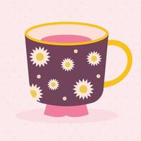 xícara de chá com uma cor roxa e girassóis em um fundo rosa vetor