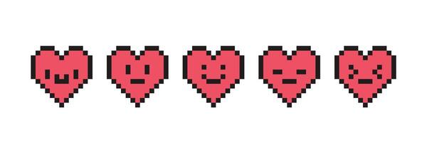 pixel coração conjunto com rostos dentro retro estilo. vintage amor símbolo, 8 mordeu ilustração para computador jogo. rede botão. vetor