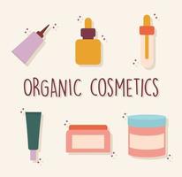 letras de cosméticos orgânicos com um conjunto de ícones de cosméticos orgânicos vetor