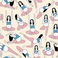 desatado padronizar com grávida mulher realizando ioga e meditando contra luz fundo. pano de fundo com fofa fêmea desenho animado personagem fazendo ginástica exercícios. rabisco ilustração. vetor