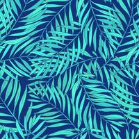 natural desatado padronizar com verde tropical Palma folhas em azul fundo. pano de fundo com folhagem do exótico árvores crescendo dentro selva. ilustração para têxtil imprimir, papel de parede, invólucro papel. vetor