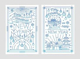 conjunto do alegre Natal e feliz Novo ano festivo cumprimento cartão ou cartão postal modelos com feriado decorações desenhado com azul contorno linhas em branco fundo. ilustração dentro lineart estilo. vetor