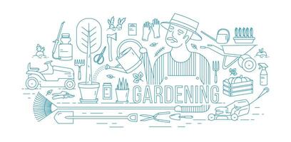 jardineiro rega árvore crescendo dentro Panela cercado de jardinagem e agrícola equipamento, ferramentas, jardim plantas desenhado com azul contorno linhas em branco fundo. ilustração dentro lineart estilo. vetor