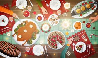 Natal festivo jantar. delicioso tradicional feriado refeições deitado em pratos e mãos do pessoas comendo eles. decorado mesa com saboroso pratos, topo visualizar. colorida desenho animado ilustração. vetor