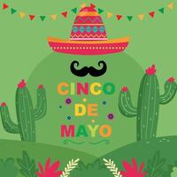 cinco de maionese. mexicano chapéu com bigode. cactos vetor